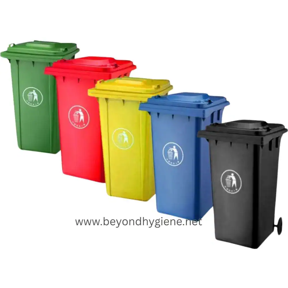 Color-coded waste bins for waste segregation and recycling in Asia, promoting environmentally friendly waste management practices.