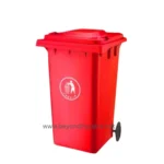 Red waste bin with lid and wheels for garbage disposal and waste management solutions.