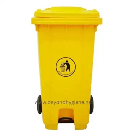 Yellow waste disposal bin for trash and recycling, portable trash can for sanitation and waste management, suitable for commercial and industrial use.