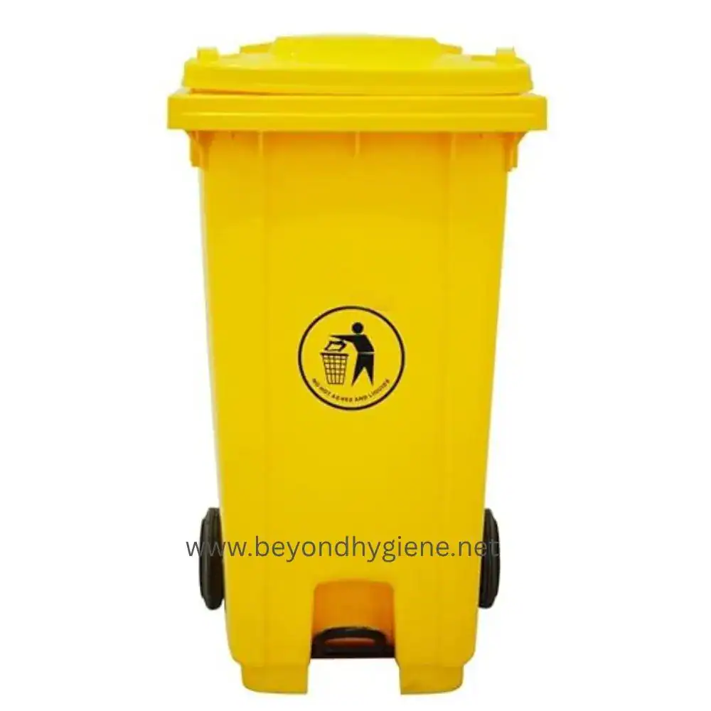 Yellow waste disposal bin for trash and recycling, portable trash can for sanitation and waste management, suitable for commercial and industrial use.