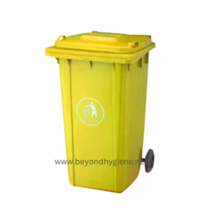 Yellow waste bin for waste disposal, with wheels for easy mobility, used in sanitation and hygiene practices for waste management at Beyond Hygiene Asia.