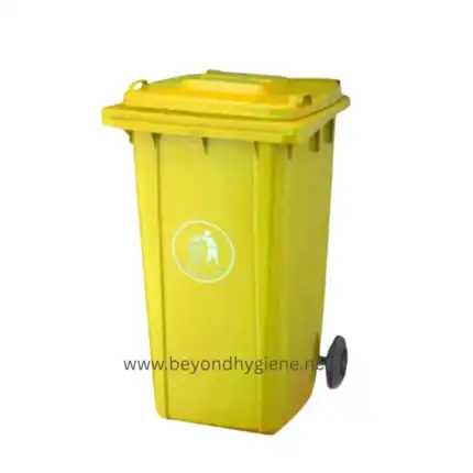 Yellow waste bin for waste disposal, with wheels for easy mobility, used in sanitation and hygiene practices for waste management at Beyond Hygiene Asia.