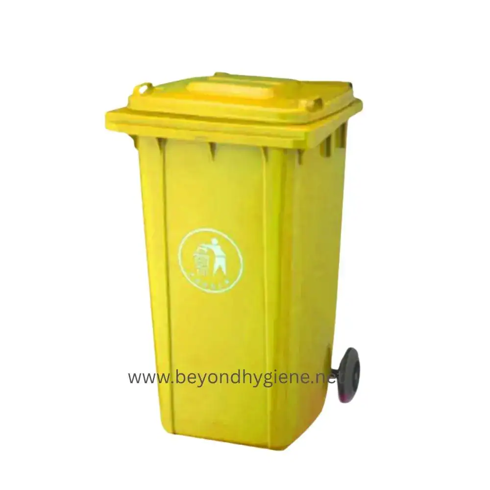 360L Trash Bin with Wheels - Yellow (LD360) Yellow waste bin for waste disposal, with wheels for easy mobility, used in sanitation and hygiene practices for waste management at Beyond Hygiene Asia.