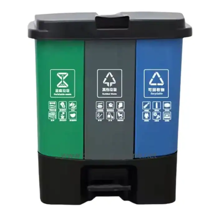 Recyclable waste separation bin for hotel, restaurant, and commercial use in Asia, featuring three color-coded compartments for different waste types, promoting environmentally friendly disposal practices.