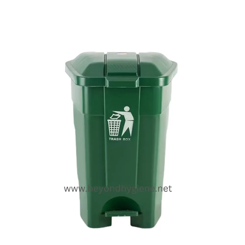 70L Trash Bin with Wheels and Pedal - Green (LD70A-G) Trash bin for waste disposal, suitable for hygiene and sanitation in Asia, featuring a pedal operation for hands-free use. Perfect for commercial and public areas promoting cleanliness.