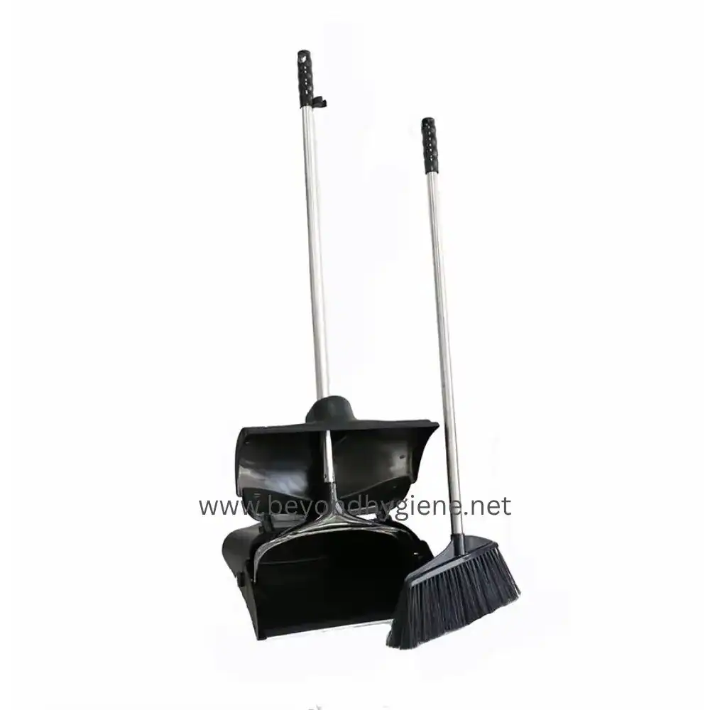 Broom with Dustpan Stainless Steel - Black (LD-022BK) Sweeping tools including a dustpan and broom set, ideal for professional cleaning, janitorial services, and sanitation maintenance in Asia.