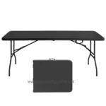 Black portable folding table with foldable legs and carrying case, ideal for hygiene stations, outdoor events, and sanitation setups. Compact and lightweight, easy to transport and store for professional cleaning environments.