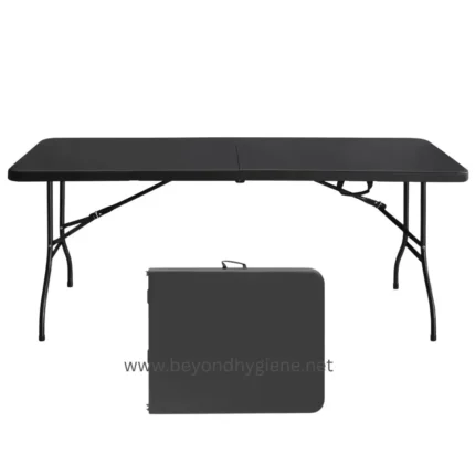Black portable folding table with foldable legs and carrying case, ideal for hygiene stations, outdoor events, and sanitation setups. Compact and lightweight, easy to transport and store for professional cleaning environments.
