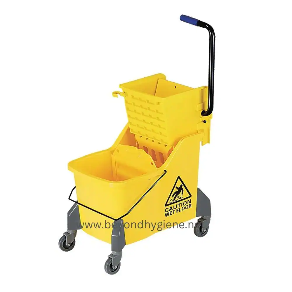 Yellow commercial mop bucket with wringer and caster wheels for janitorial cleaning services in Asia.