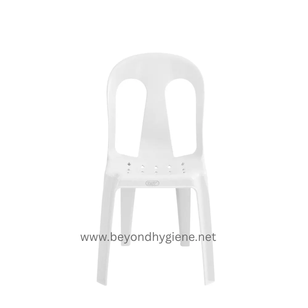 Diamond Chair - White 38x39x78cm (Stock No. 855) Lightweight white plastic stacking chair, ideal for events, cafes, and outdoor use at Beyond Hygiene Asia. Durable, easy to clean, and space-saving design. Perfect for hygienic environments.