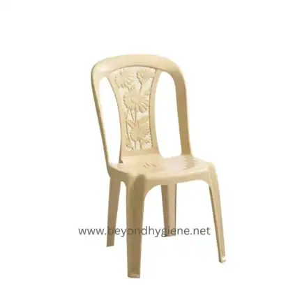 Plastic chair with floral backrest for office, school, or event use, ideal for hygienic and durable seating solutions.