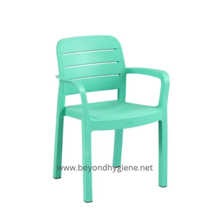 Green plastic outdoor chair for hygiene and sanitation purposes.