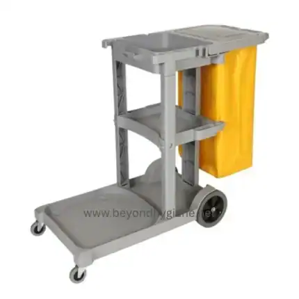 Stainless steel hospital cleaning cart with yellow waterproof bag and detachable top shelf, ideal for medical facility sanitation and hygiene supply organization.