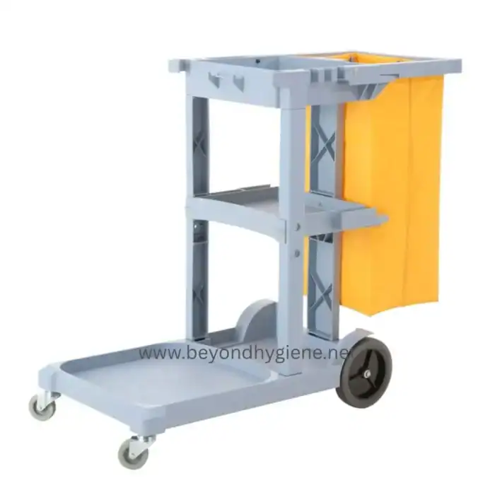 Portable medical equipment trolley with yellow privacy curtain, ideal for healthcare facilities and hygiene solutions.