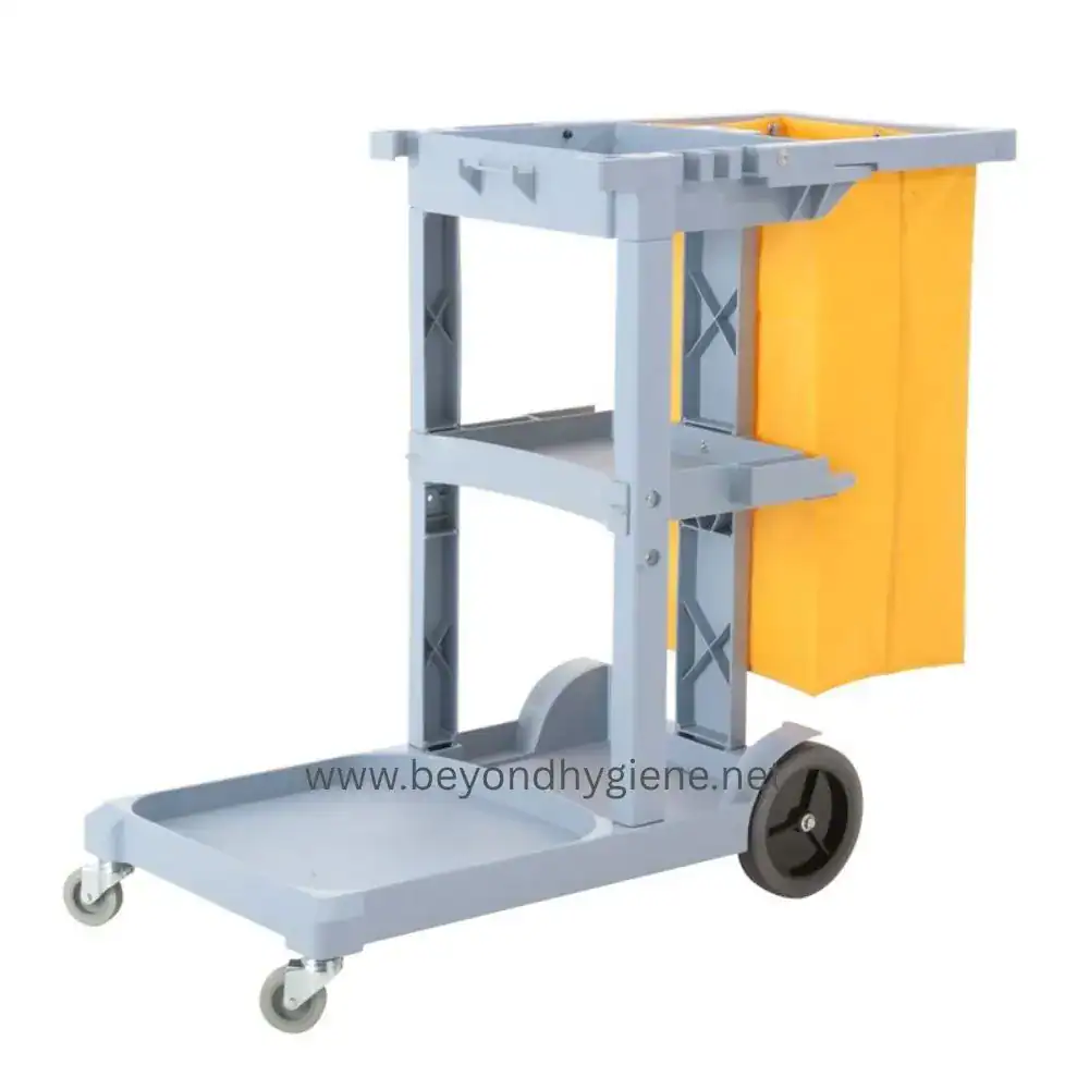 Janitorial Cart (w_o lid) - Grey L120cm x W51.5cm x H99cm (KH-11) Portable medical equipment trolley with yellow privacy curtain, ideal for healthcare facilities and hygiene solutions.