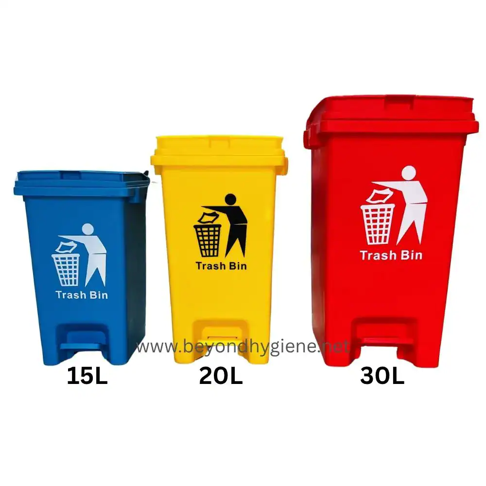 LD15E - 15 Pedal Trash Box - Blue, Green, Red,Yellow, Black Blue, yellow, and red trash bins with "Trash Bin" label, representing waste disposal solutions in Asia by Beyond Hygiene.