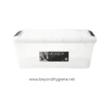 Large white plastic storage container with black handles for cleaning supplies and hygiene equipment at Beyond Hygiene Asia.