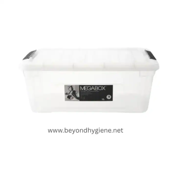 Large white plastic storage container with black handles for cleaning supplies and hygiene equipment at Beyond Hygiene Asia.