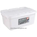 Large white plastic storage container for hygiene and sanitation supplies, ideal for professional cleaning environments.