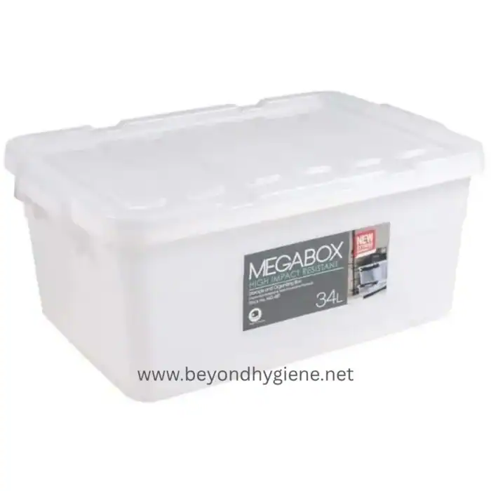 Large white plastic storage container for hygiene and sanitation supplies, ideal for professional cleaning environments.