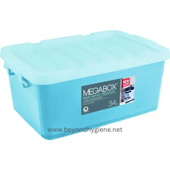 MEGABOX high impact resistant storage container for hygiene and organization, 34L capacity, ideal for commercial kitchens, offices, and cleaning supplies, from Beyond Hygiene Asia.