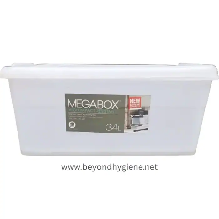 Megabox 34L high impact resistant plastic storage box, ideal for organization and storage needs.
