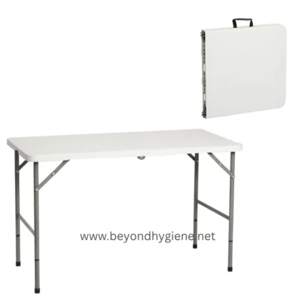 Lightweight folding table with white surface and black carry handle for portable hygiene station setup.