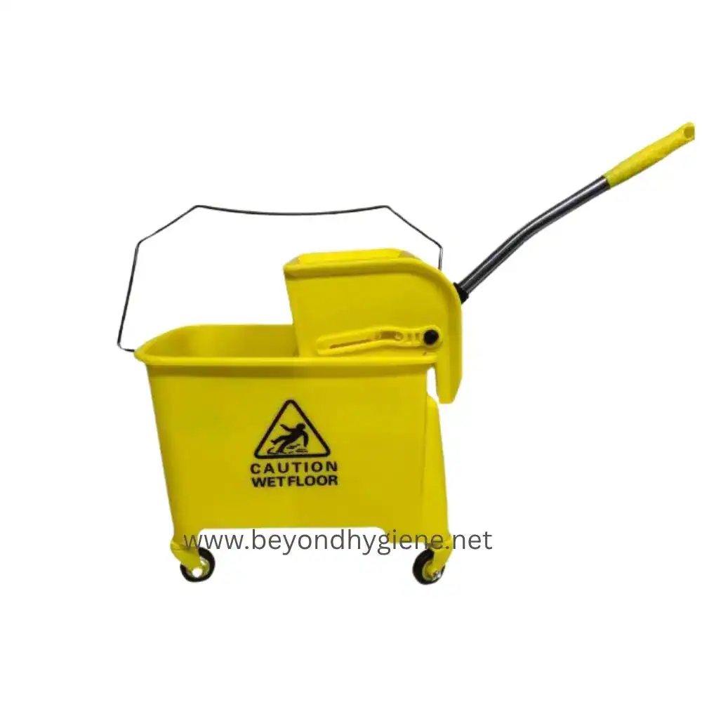 Yellow wet floor cleaning mop bucket with wheels and handle, caution sign, and splash guard, ideal for commercial hygiene and sanitation needs.