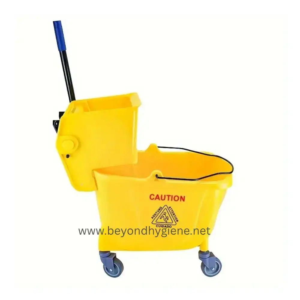 Yellow commercial cleaning mop bucket with splash guard and wheels for janitorial services.