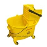 Yellow commercial cleaning mop bucket with wringer for janitorial and sanitation jobs.