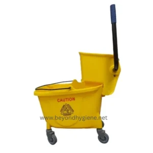 Yellow mop bucket with wringer, industrial cleaning equipment for commercial cleaning, prominently branded with Beyond Hygiene Asia logo, emphasizing hygiene and cleaning solutions.