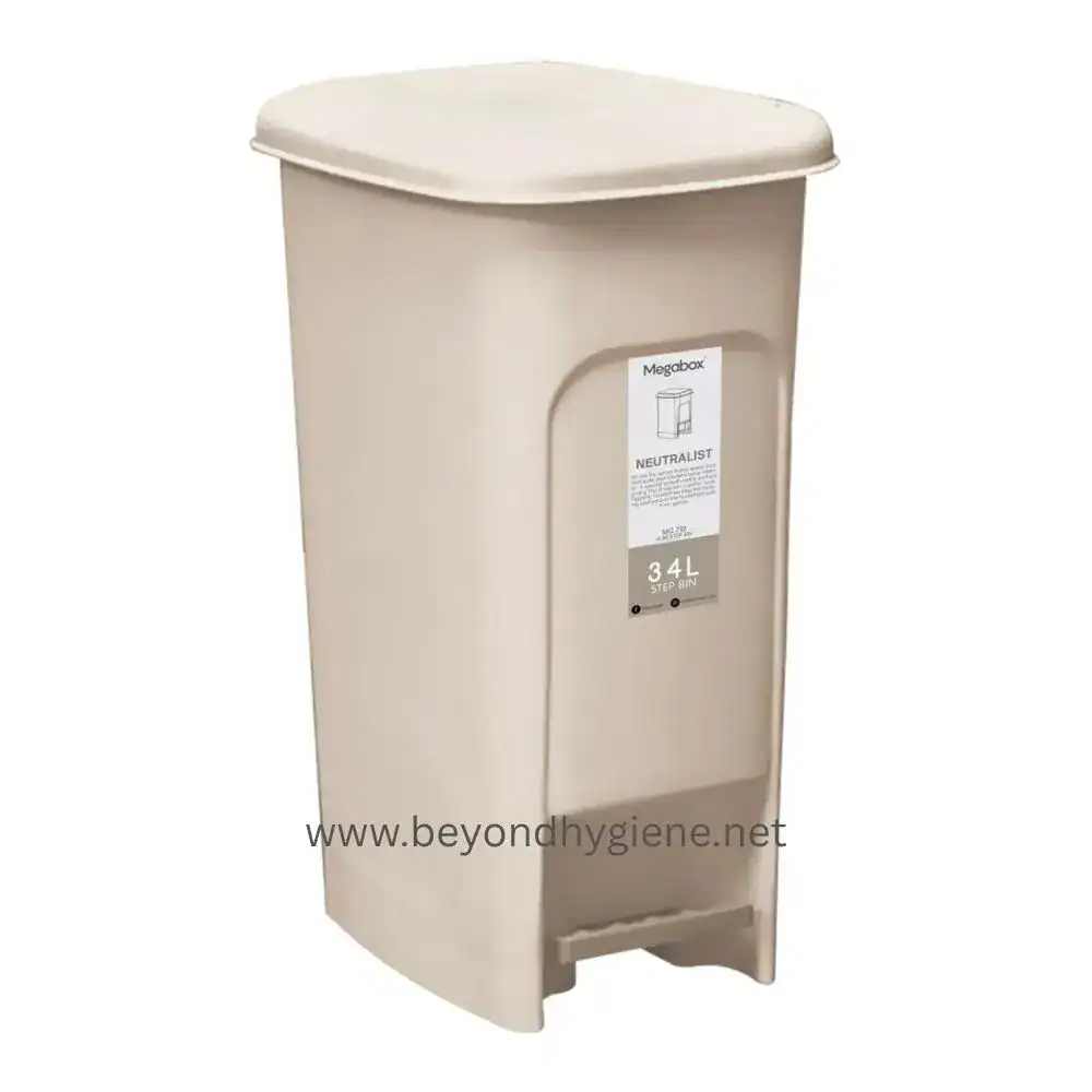 NEUTRALIST SLIM STEP BIN 34L (MG712) (2) Dustbin, 34L neutralist step bin for waste disposal, beige plastic trash can with foot pedal, suitable for public restrooms, offices, and commercial spaces, promoting hygiene and waste management.
