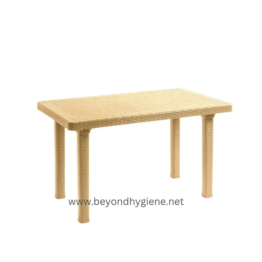 Palmera Rattan Table 6 Seater - Biege 127x76x72.5cm (Stock No. 748) Flexible plastic table for hygiene and sanitation environments, durable and lightweight for easy cleaning. Ideal for use in healthcare, food service, and sanitation stations.