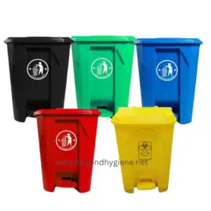 Black, green, blue, red, yellow color waste bins with recycling and hazardous waste icons for hygiene and waste disposal management.