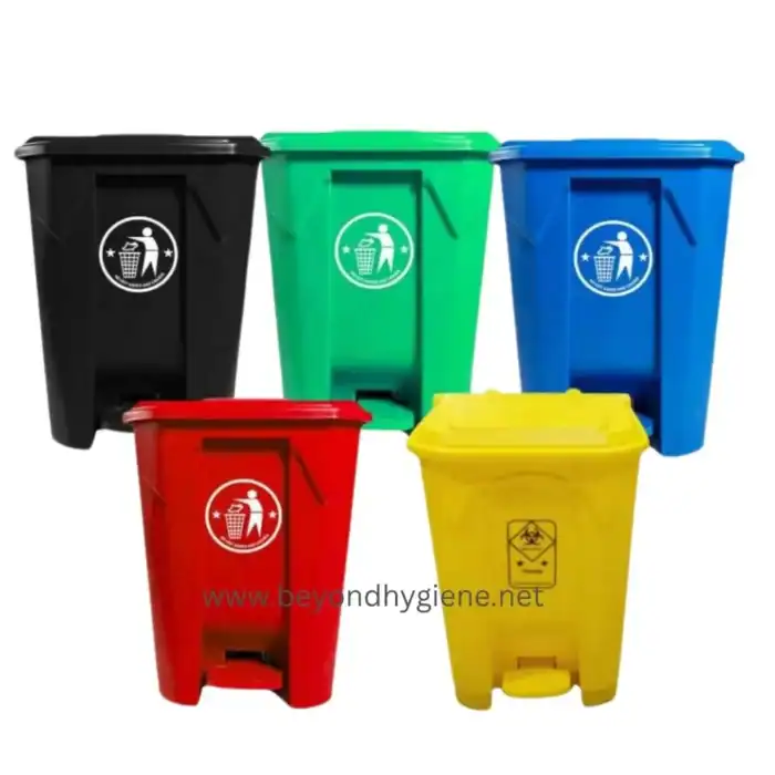 Black, green, blue, red, yellow color waste bins with recycling and hazardous waste icons for hygiene and waste disposal management.