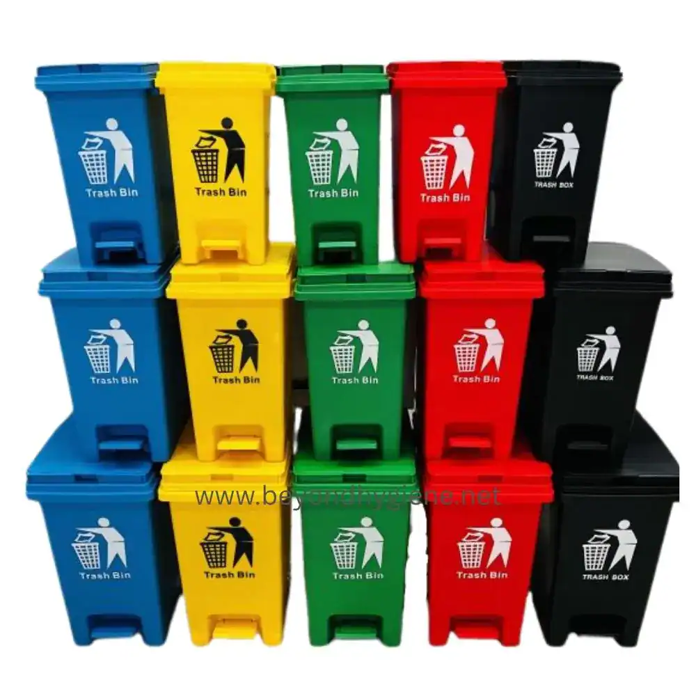 Pedal Trash Box - Blue, Green, Red,Yellow, Black Blue, yellow, green, red, black trash bins for waste segregation and disposal at Beyond Hygiene Asia.