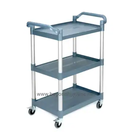 Mobile medical service cart for hospital and healthcare facility sanitation and hygiene.