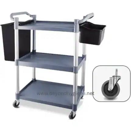 Rescue cart with shelves and caster wheels, used for cleaning and maintenance purposes in commercial and healthcare settings.