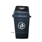 Black outdoor trash bin with push lid for hygienic waste disposal, ideal for public areas and sanitation needs.