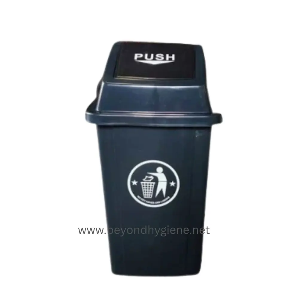 Push Swing Trash Bin 100L - Black (LD100Y) Black outdoor trash bin with push lid for hygienic waste disposal, ideal for public areas and sanitation needs.