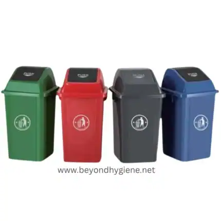 Green, red, black, and blue waste bins for recycling and waste separation, designed for commercial and public spaces by Beyond Hygiene Asia.