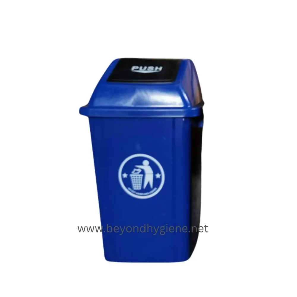 Push Swing Trash Bin 100L - Blue (LD100Y) Blue waste bin for trash disposal with hygiene symbol, suitable for public sanitation areas.