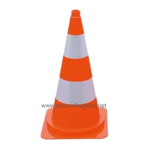 Warning hazard warning sign and safety cone, used to indicate caution and ensure safety in workplaces and public areas, essential for hygiene and sanitation guidelines.