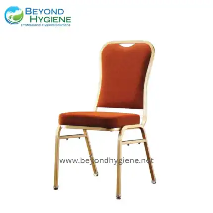 Chairs for hygienic environments with orange upholstery and lightweight metal frame, ideal for sanitation and cleaning facilities in Asia.