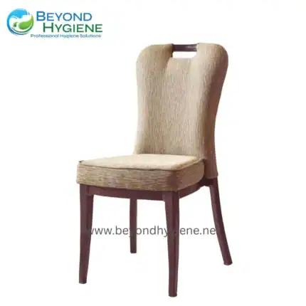 Soft beige upholstered dining or conference chair with wooden legs, designed for comfort and style. Perfect for restaurants, hotels, or event spaces seeking elegant seating solutions.