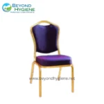Dark purple upholstered banquet chair with gold frame, suitable for events and conference rooms, promoting hygiene and comfort in professional environments.