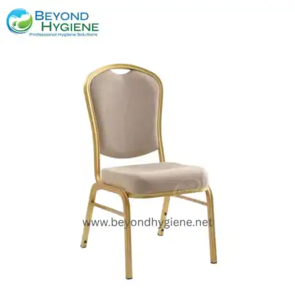 High-quality beige upholstered banquet chair with gold frame, ideal for event venues, conferences, and banquets, providing comfortable seating with elegant design.