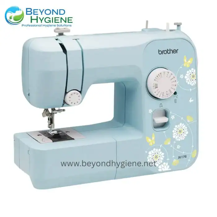 Sewing machine with floral design and Beyond Hygiene Asia logo, professional hygiene solutions focus.
