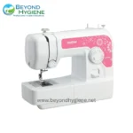 Sewing machine for professional hygiene solutions, pink floral design, Brother JV1400 model, used in textile and sanitation industries, reliable and efficient sewing equipment for hygiene-related manufacturing.