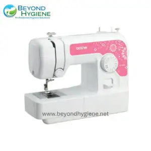 Sewing machine for professional hygiene solutions, pink floral design, Brother JV1400 model, used in textile and sanitation industries, reliable and efficient sewing equipment for hygiene-related manufacturing.